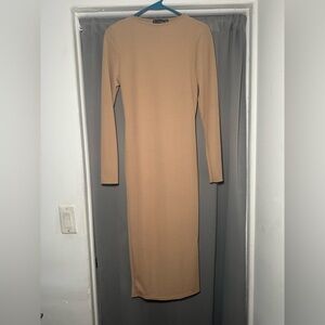 PrettyLittleThing Tan Ribbed Long Sleeve Midi Dress Size 10
